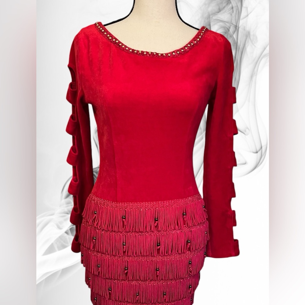 Women’s Red Velour Dress With Fringed Skirt, Cutouts On Long Sleeves, XS-S